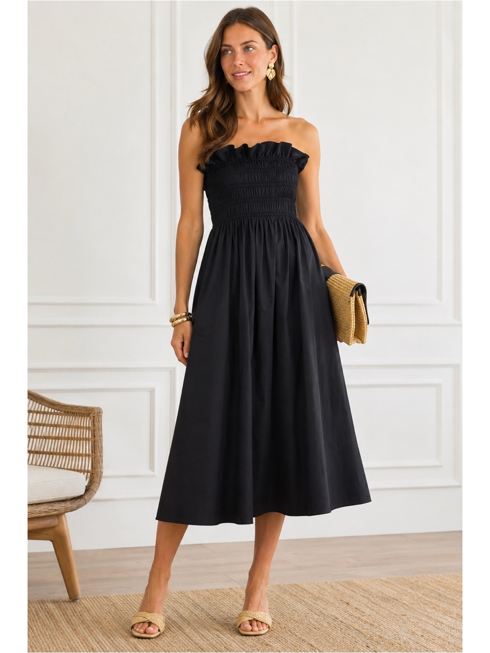 Monica Nera Black Poplin Smocked Strapless Midi Dress X-Small Quiet Luxury